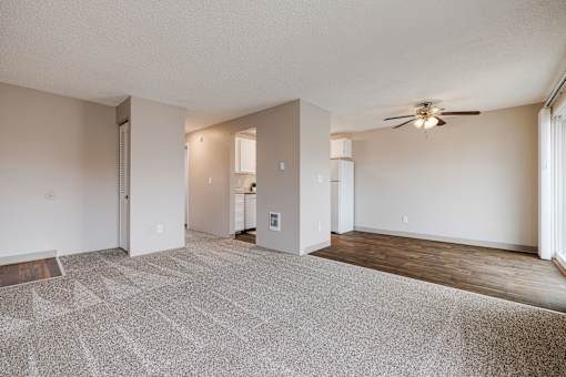 A spacious room with a carpeted floor and a ceiling fan.