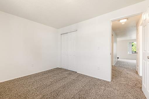 A room with a carpeted floor and a white door.