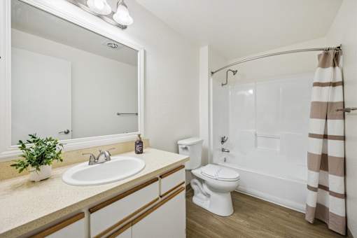 A bathroom with a white toilet, sink, and shower.