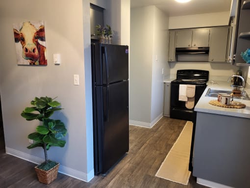 a kitchen with stainless steel appliances and a black refrigerator