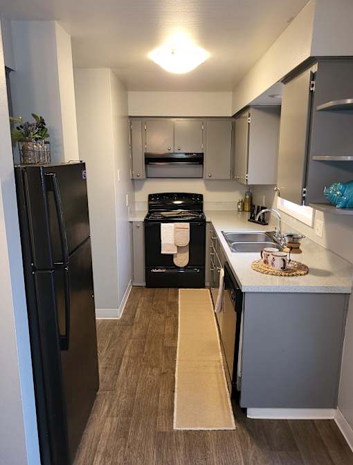 A kitchen with a black fridge and a black stove top oven.