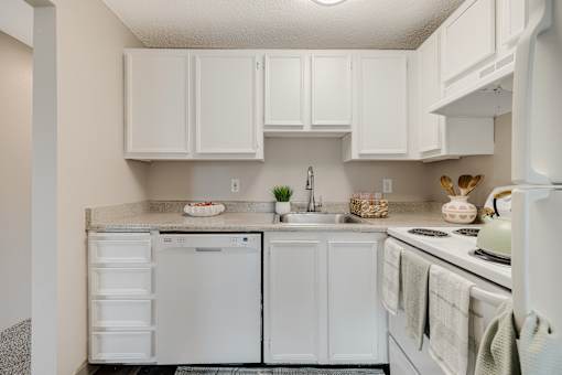 A white kitchen with a sink, dishwasher, and oven.
