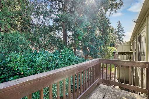 A wooden deck with a railing and trees in the background.
