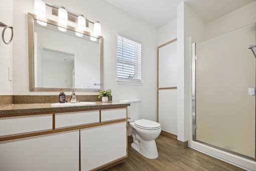 A bathroom with a toilet, sink, mirror, and wooden floors.