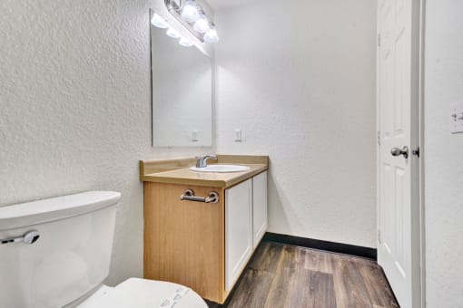 a bathroom with a toilet sink and a mirror