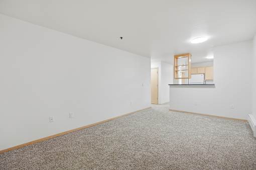 A large empty room with a carpeted floor and a small window on the wall.