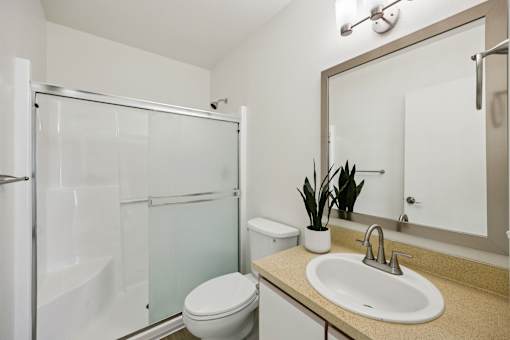 A bathroom with a toilet, sink, and mirror.