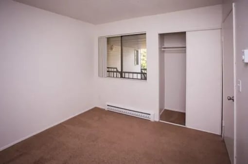A room with a brown carpet and a window with bars.