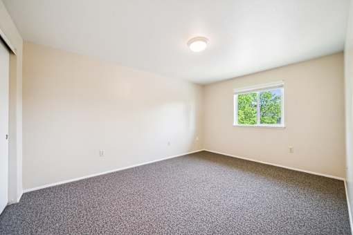 A room with a window and carpeted floor.