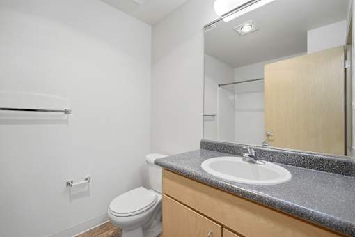 A bathroom with a toilet, sink, and mirror.