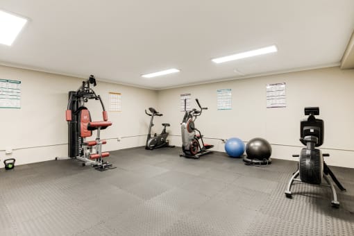a home gym with exercise equipment and weights on the wall