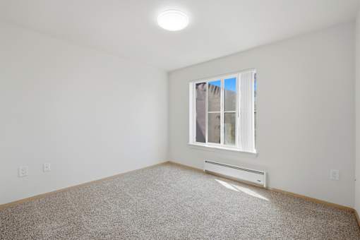 A room with a window and a carpeted floor.