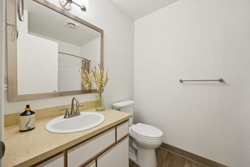 A bathroom with a toilet, sink, mirror, and towel rack.