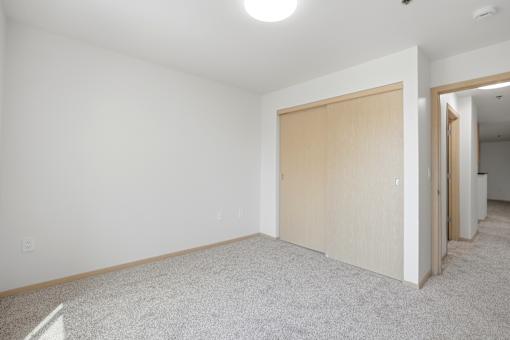 A room with a closed door and a carpeted floor.