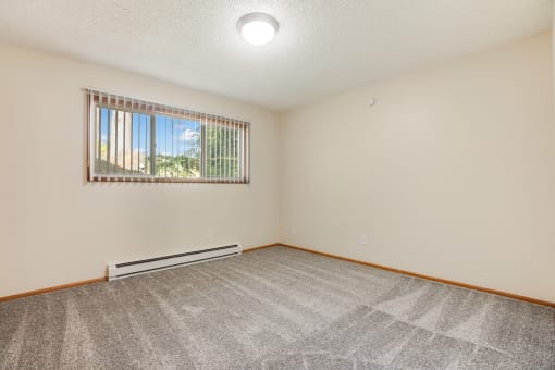 an empty living room with carpet and a window
