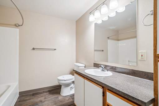 A bathroom with a toilet, sink, and mirror.