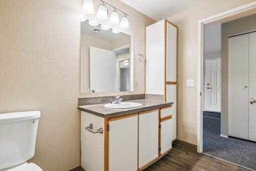 A bathroom with a sink, mirror, and toilet.