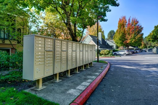a line of mailboxes sitting on the side of a street