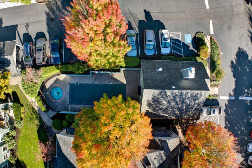 an aerial view of a neighborhood with trees and cars