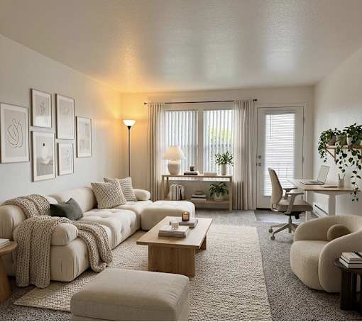 A well-lit, modern living room with a comfortable seating area and a workspace.