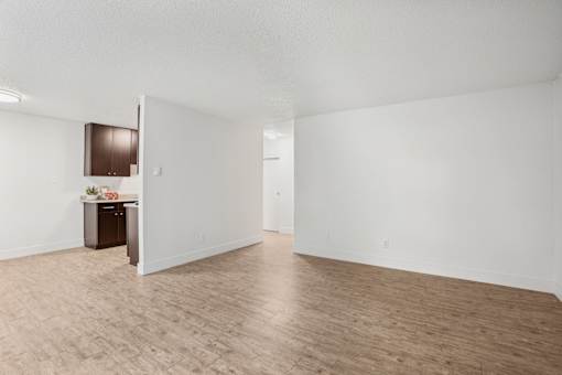 A room with a brown cabinet and a white wall.