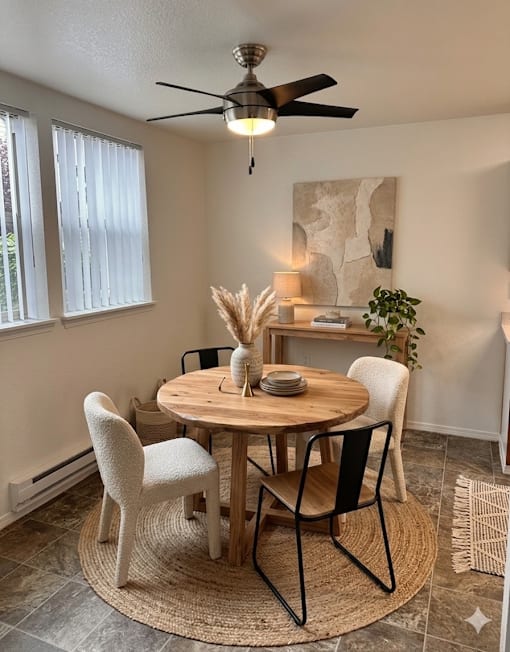 A dining room with a round table and chairs.