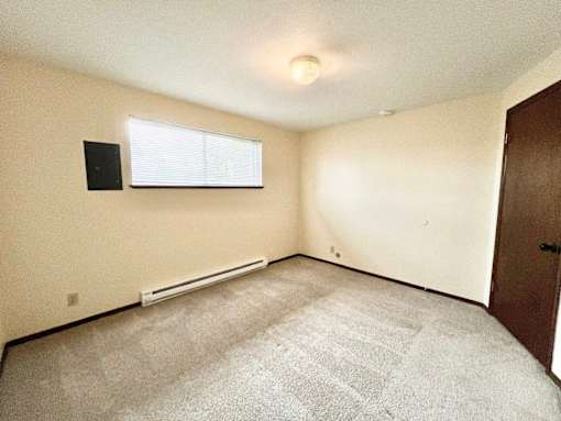 A room with a window, a door, and a carpeted floor.