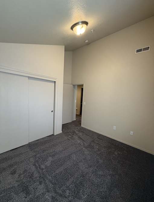A room with a carpeted floor and a white door.