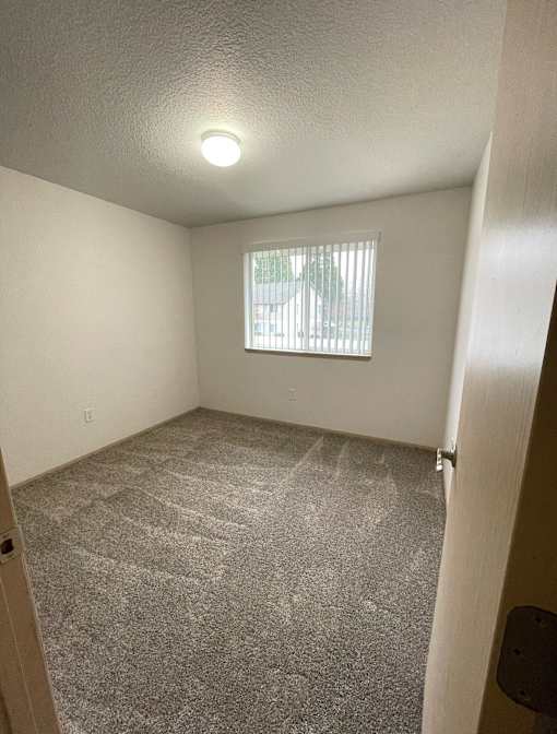 A room with a carpeted floor and a window with blinds.