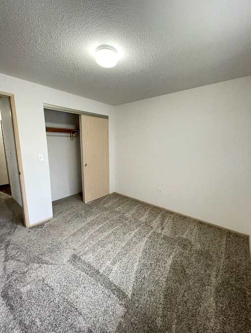 A room with a carpeted floor and a doorway leading to another room.