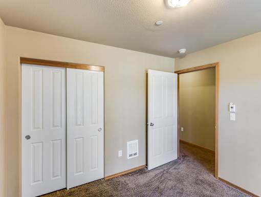A room with two white doors and a carpeted floor.