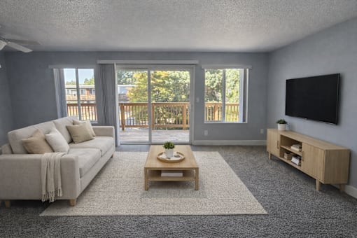 A living room with a couch, a coffee table, and a television.