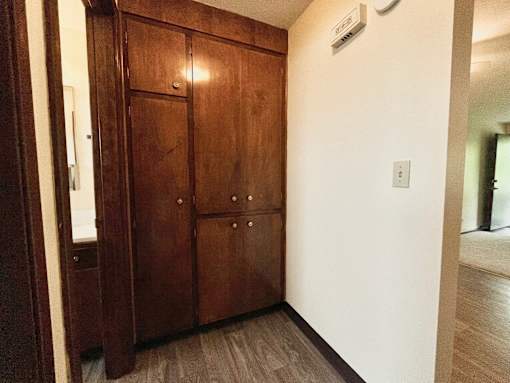 A brown wooden wardrobe stands in a room with a white wall and a switchboard.