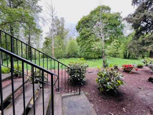 A black metal railing on a staircase in a garden.