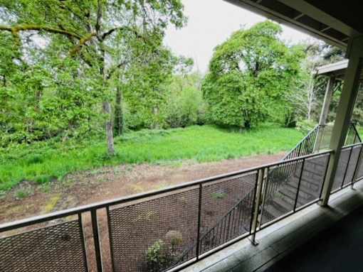 A balcony overlooks a green, tree-filled yard.