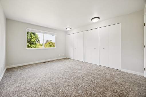 A room with white walls and a window showing greenery outside.