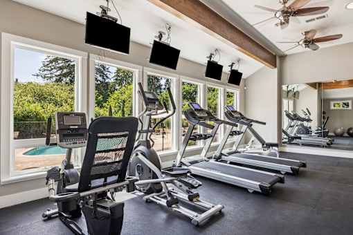 A home gym with a treadmill, exercise bike, and other equipment.