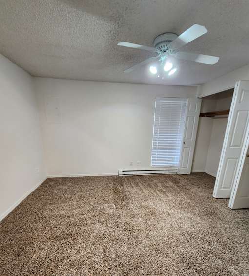 A room with a ceiling fan and carpeted floor.