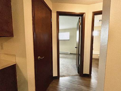 A hallway with a brown door and a white door.