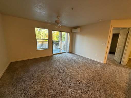 A room with a carpeted floor, a ceiling fan, and sliding glass doors.