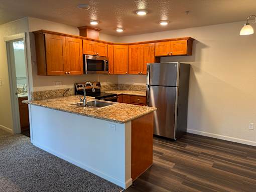 A kitchen with a granite countertop and stainless steel appliances.