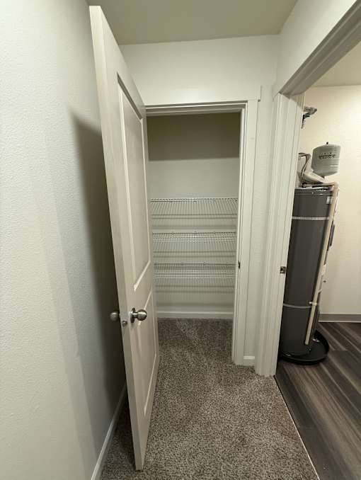 A white door is open to a room with a white wall and a white closet.