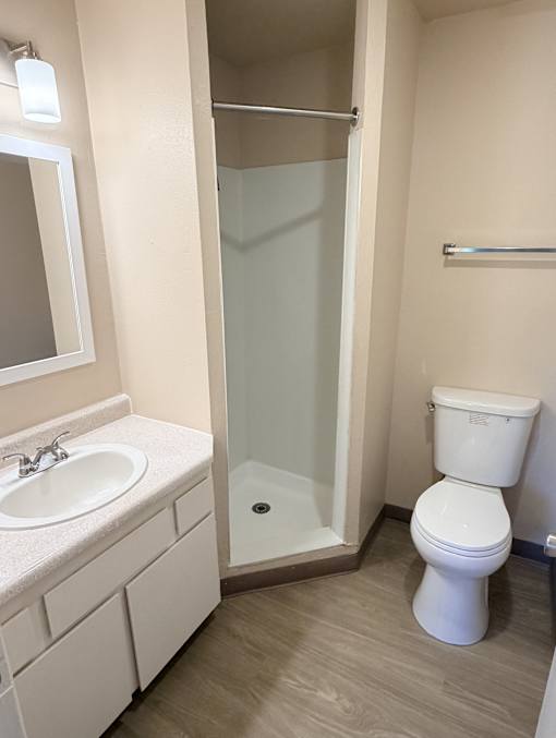 A white toilet sits in a bathroom next to a walk-in shower.