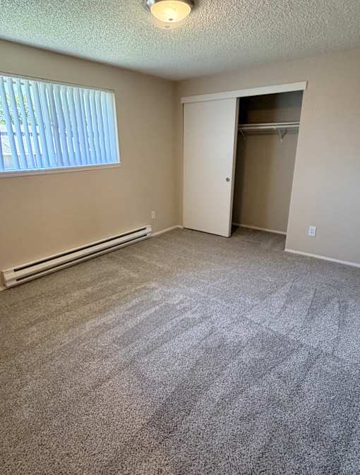 A room with a carpeted floor and a doorway leading to another room.