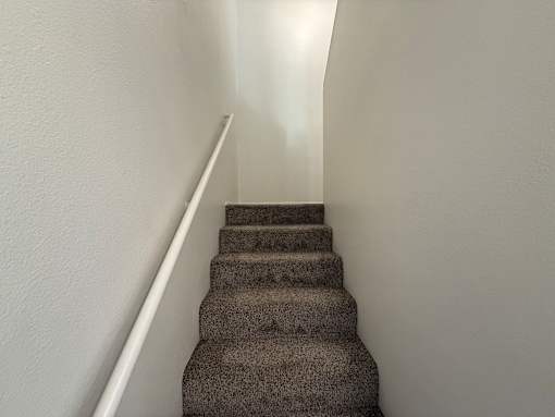 A staircase with a carpeted runner and white handrail.
