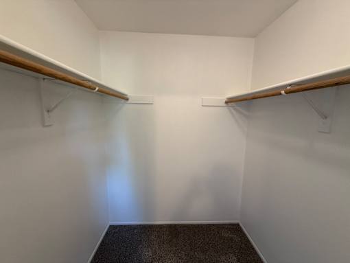A small, empty room with a carpeted floor and two wooden shelves.