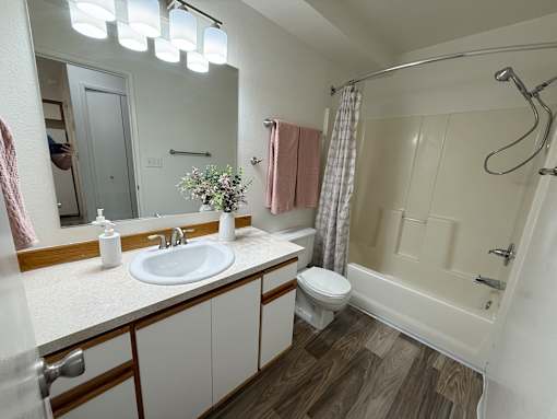 A bathroom with a sink, toilet, and shower.