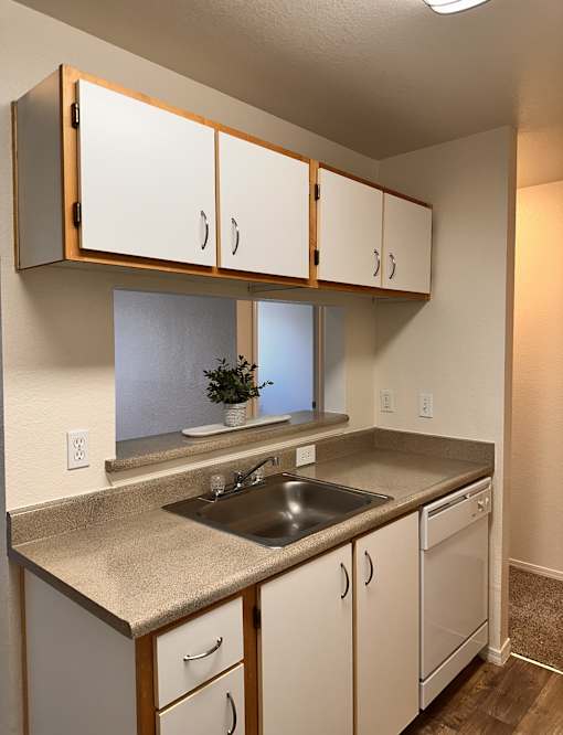 A kitchen with white cabinets and a stainless steel sink.