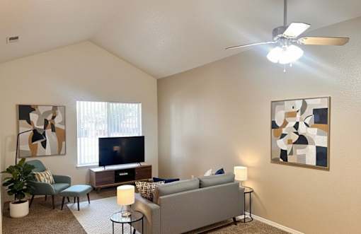 A living room with a grey couch, a television, a plant, and two pieces of abstract art on the wall.