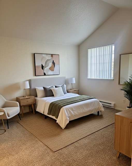 A bedroom with a bed, chair, and a painting on the wall.